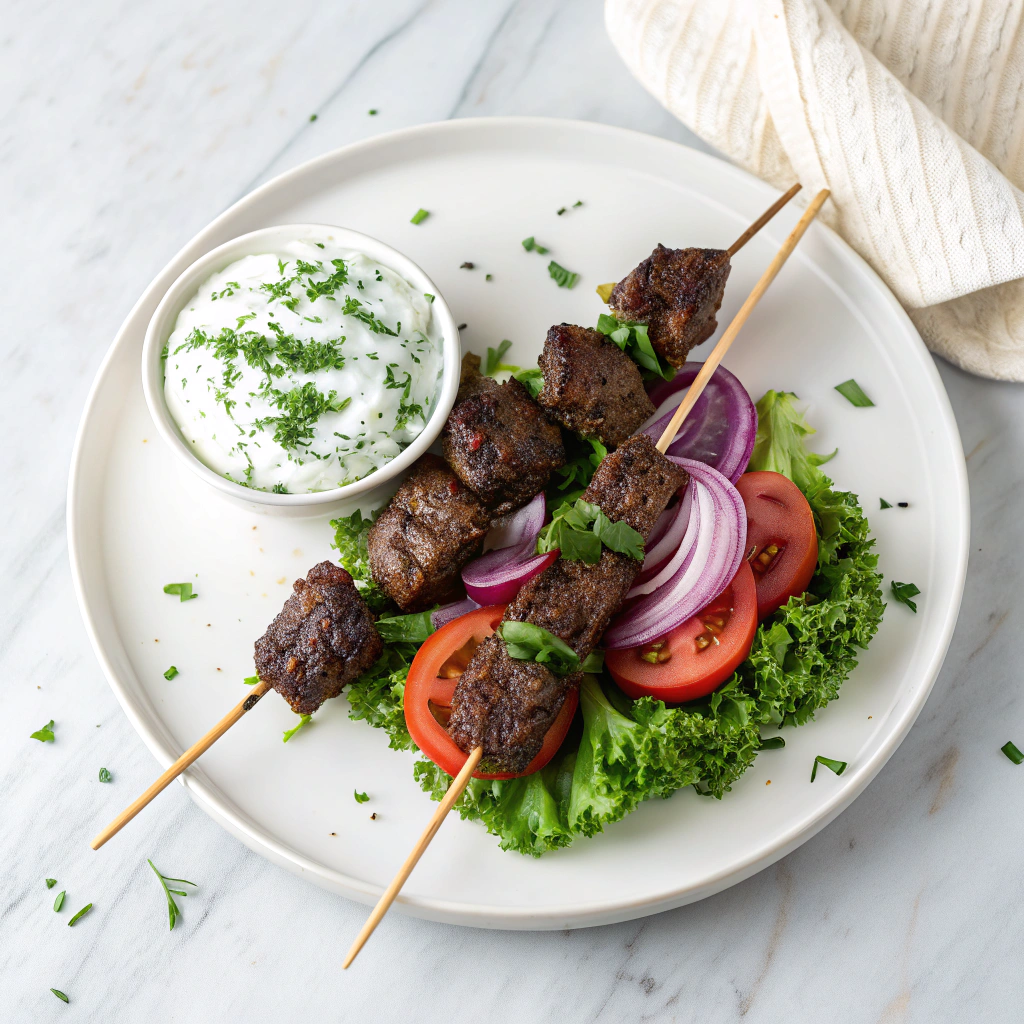 Middle Eastern Kofta Kebabs with Salad and Flatbread Recipe - Recipe Image