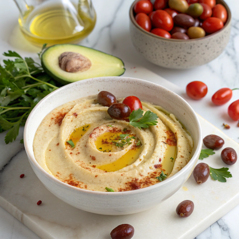 Loaded Hummus Dip with Fresh Vegetables, Olives, and Feta Recipe