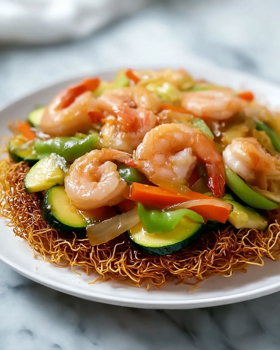 Crispy Cake Noodle Stir Fry with Shrimp and Vegetables Recipe - Recipe Image
