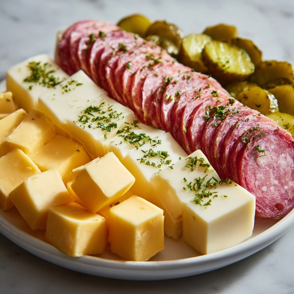 Easy Marinated Cheese Appetizer with Salami & Pickles Recipe - Recipe Image