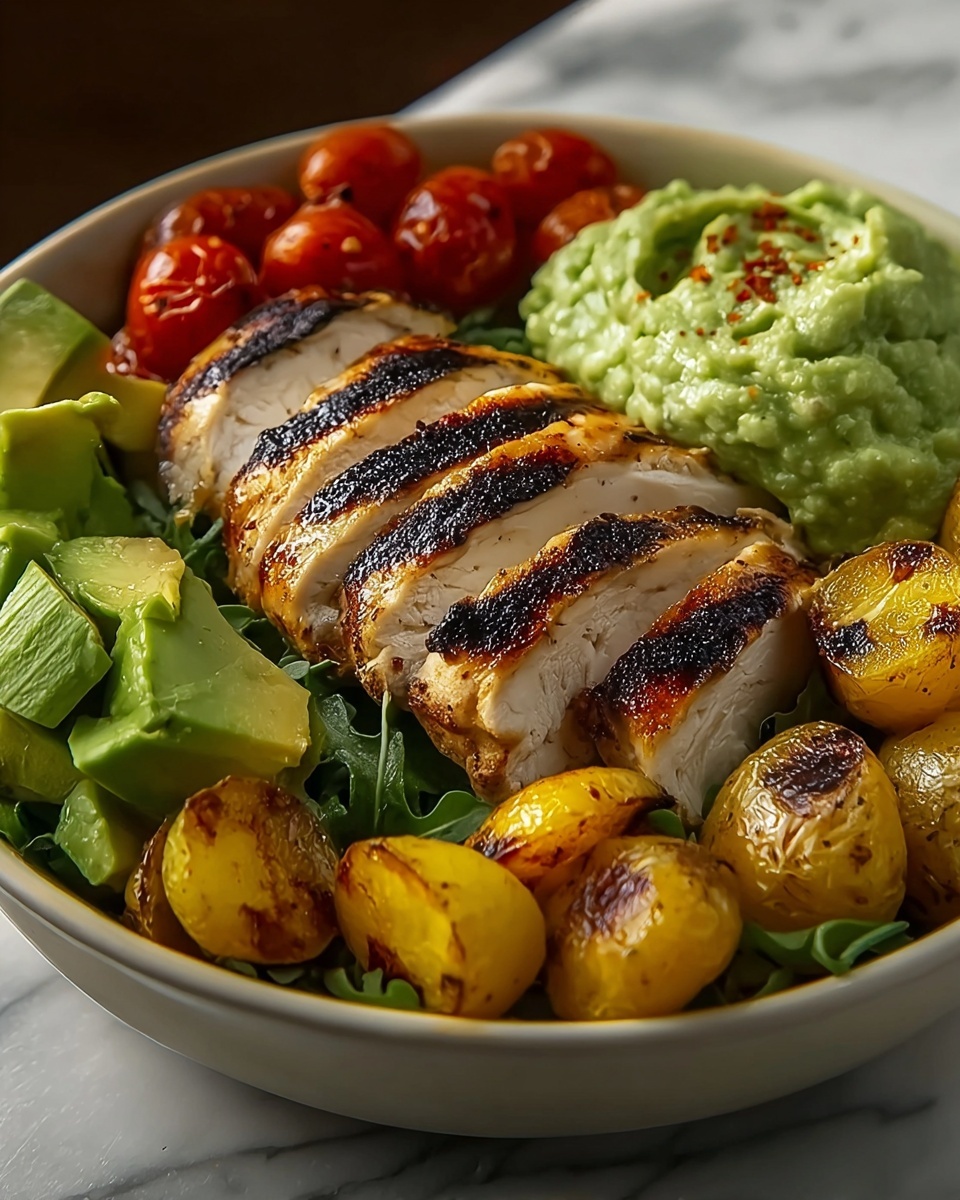 Grilled Chicken Bowl with Creamy Avocado Sauce and Veggies Recipe - Recipe Image