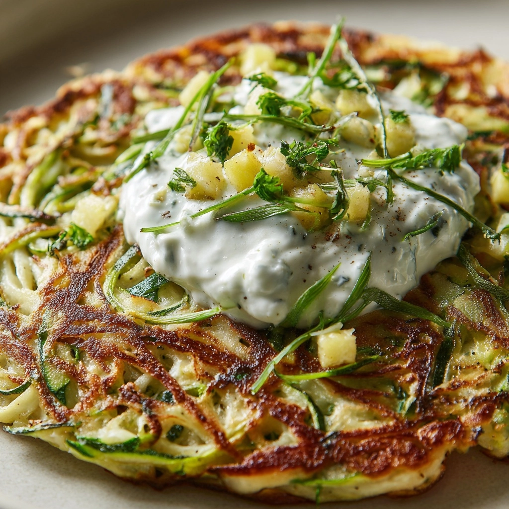 Zucchini, Feta, and Spinach Fritters with Garlic Tzatziki Recipe - Recipe Image