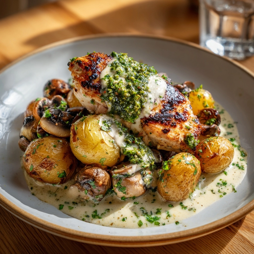 Creamy Garlic Mushroom Chicken Alfredo with Basil Pesto Potatoes Recipe - Recipe Image