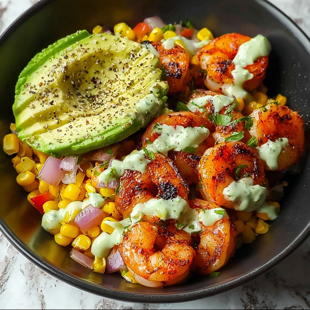 Grilled Shrimp Bowl with Avocado Corn Salsa and Creamy Sauce Recipe - Recipe Image