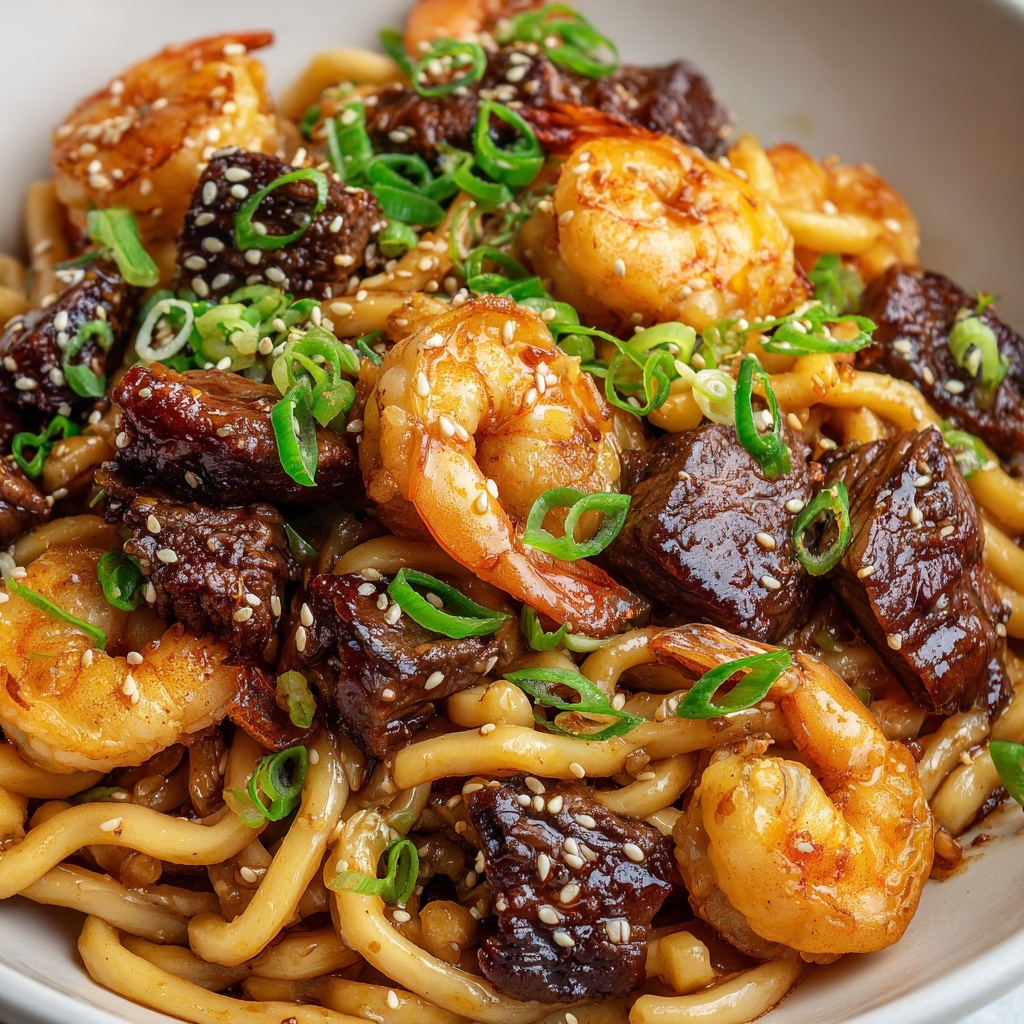 Garlic Butter Steak and Shrimp Stir-Fried Noodles Recipe - Recipe Image