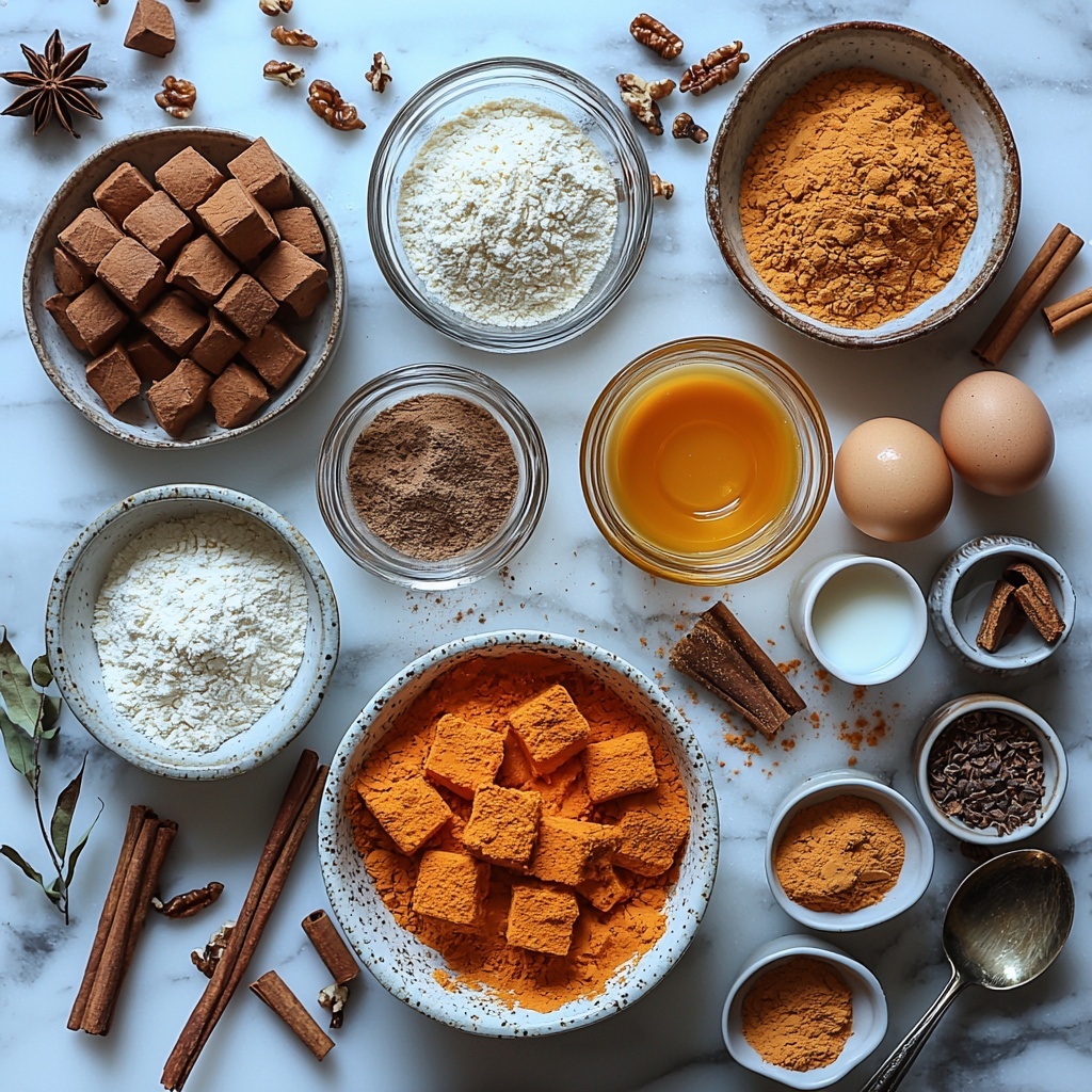 4 Flat lay of cinnamon sugar pumpkin bread ingredients arranged neatly on a clean white marble surface. Visualize: 1 3/4 cups all-purpose flour in a small rustic ceramic bowl with some flour lightly dusted around; 1 cup granulated sugar and 1/2 cup brown sugar in separate small glass bowls showing their distinct textures; 3/4 cup deep orange canned pumpkin puree in a white porcelain bowl with smooth glossy texture; 2 large brown eggs with natural speckles placed gently beside a vintage silver whisk; 1/2 cup golden vegetable oil in a small clear glass measuring cup reflecting light; 1 teaspoon ground cinnamon, 1/4 teaspoon ground ginger, 1/4 teaspoon ground cloves, 1/2 teaspoon baking soda, 1/2 teaspoon baking powder, and 1/2 teaspoon salt each in tiny wooden scoops or tiny white ramekins, arranged in a semi-circle highlighting their warm powdered textures; 1/4 cup creamy milk in a small clear glass pitcher; and 3 tablespoons granulated sugar mixed with cinnamon in a small rustic bowl sprinkled lightly around to mimic the topping. Include subtle autumnal accents like a cinnamon stick and a few dried pumpkin seeds scattered artfully. Soft natural diffused daylight from the top left with gentle shadows creating depth, emphasizing textures and warm fall tones. Overhead shot, top down view, flat lay photography, professional food styling --ar 1:1 --q 2 --s 750 --v 6.1