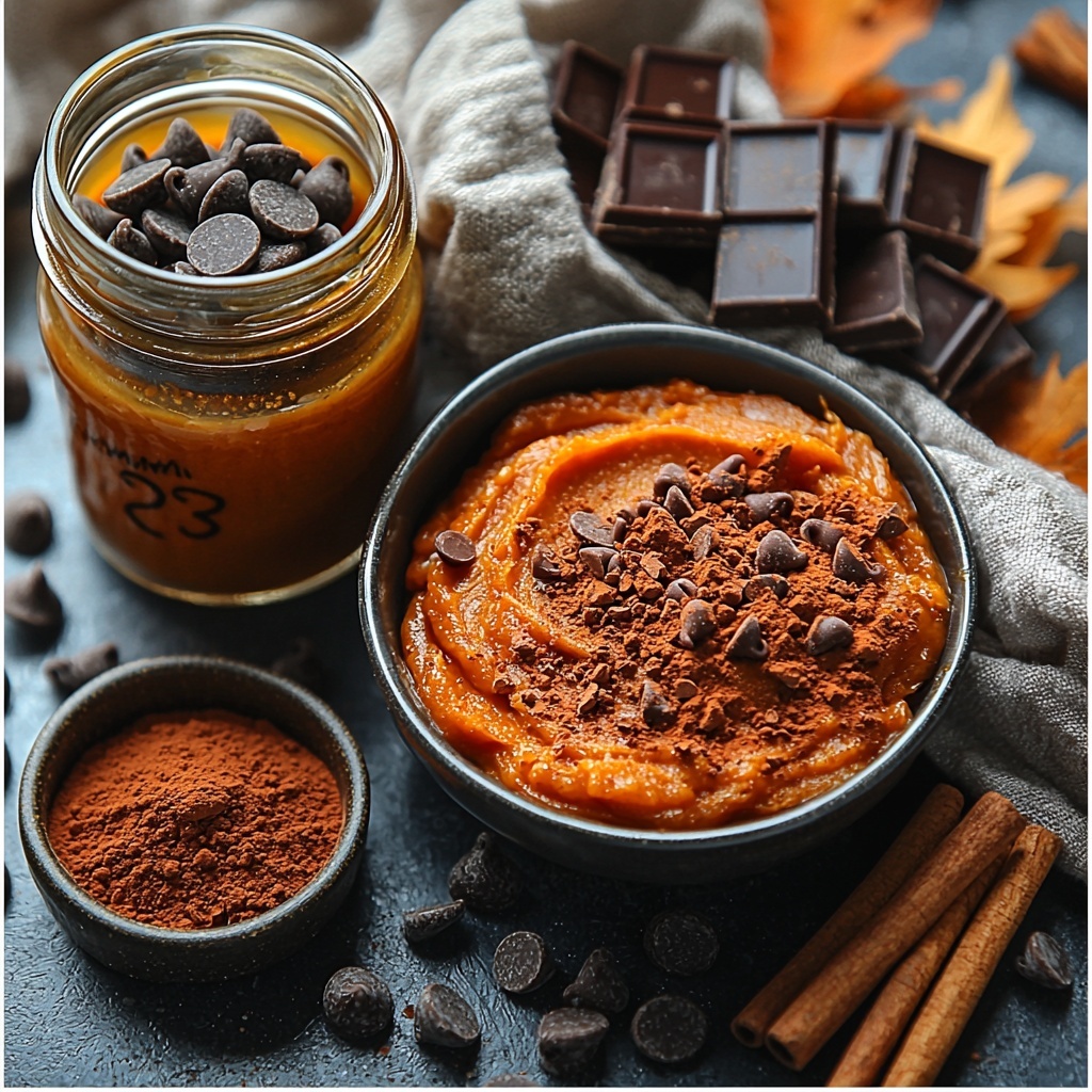 23 /Imagine a clean, bright surface with a neatly arranged flat lay of the main ingredients for Chocolate Pumpkin Butter Cups: a small bowl of vibrant orange pumpkin puree with smooth texture, a jar or small bowl of creamy almond butter in warm beige tones, a small glass dish of golden honey glistening under natural light, a heap of rich dark chocolate chips with glossy shine scattered artfully, a small bowl of warm brown pumpkin spice powder with a soft, fine texture, and a small container of translucent, slightly glossy coconut oil. The ingredients are spaced evenly with slight overlaps, styled with minimal natural linen fabric and a few autumnal elements like cinnamon sticks or dried pumpkin leaves for seasonal warmth. Soft, diffused sunlight highlights the varying textures and colors, creating inviting contrast between the smooth pumpkin puree, glossy chocolate chips, and powdery spice. Overhead shot, top down view, flat lay photography, professional food styling --ar 1:1 --q 2 --s 750 --v 6.1