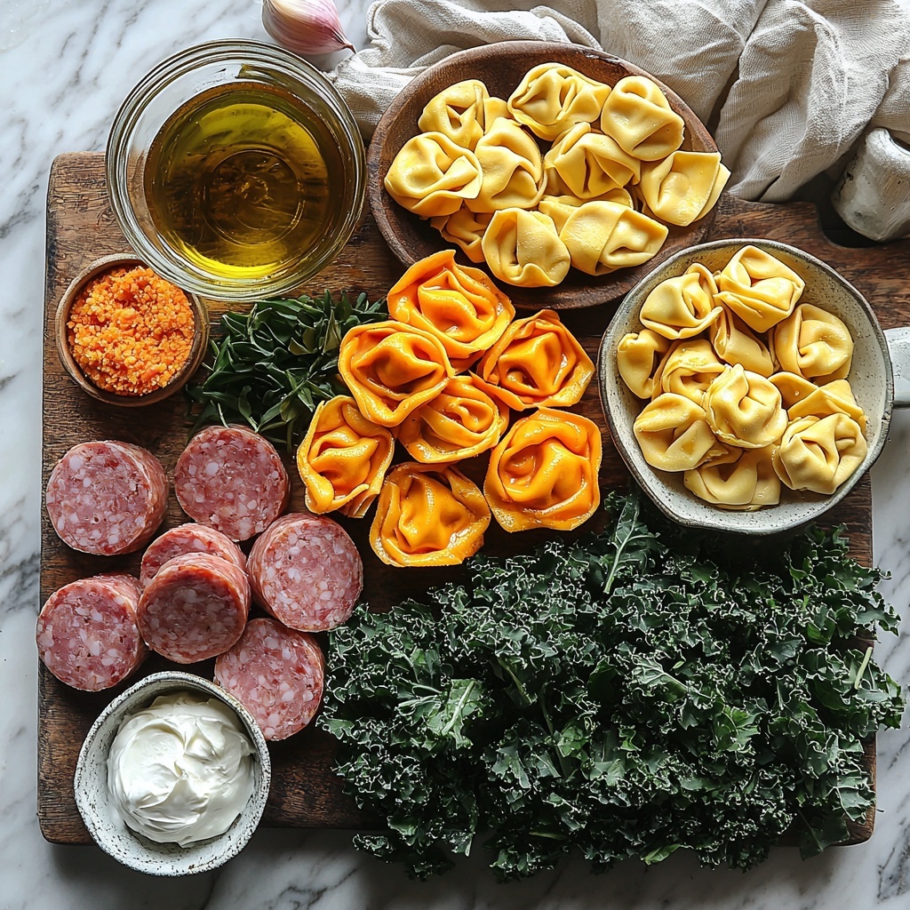 10 A flat lay of main ingredients for creamy tortellini soup arranged neatly on a clean white marble surface: a small bowl of golden olive oil shimmering under soft natural light, raw Italian sausage links with rich reddish-pink tones and marbled fat texture on a rustic wooden board, three peeled garlic cloves with papery white skin clustered beside a small vintage ceramic dish of minced garlic, a diced medium sweet onion showing glossy white and pale purple layers in a small glass bowl, a small heap of fragrant Italian seasoning herbs in a tiny white porcelain spoon, a clear glass measuring cup filled with golden chicken stock, a sealed 9-ounce package of refrigerated tri-color three-cheese tortellini showing swirled pasta with creamy filling, fresh chopped kale leaves with vibrant deep green and curly texture spread loosely on a natural linen cloth, a half-full small glass jar of thick creamy white heavy cream. The ingredients are spaced evenly with soft shadows, styled with rustic kitchen tools like a wooden spoon and linen napkin, and captured under diffuse daylight to highlight textures and colors. Overhead shot, top down view, flat lay photography, professional food styling --ar 1:1 --q 2 --s 750 --v 6.1