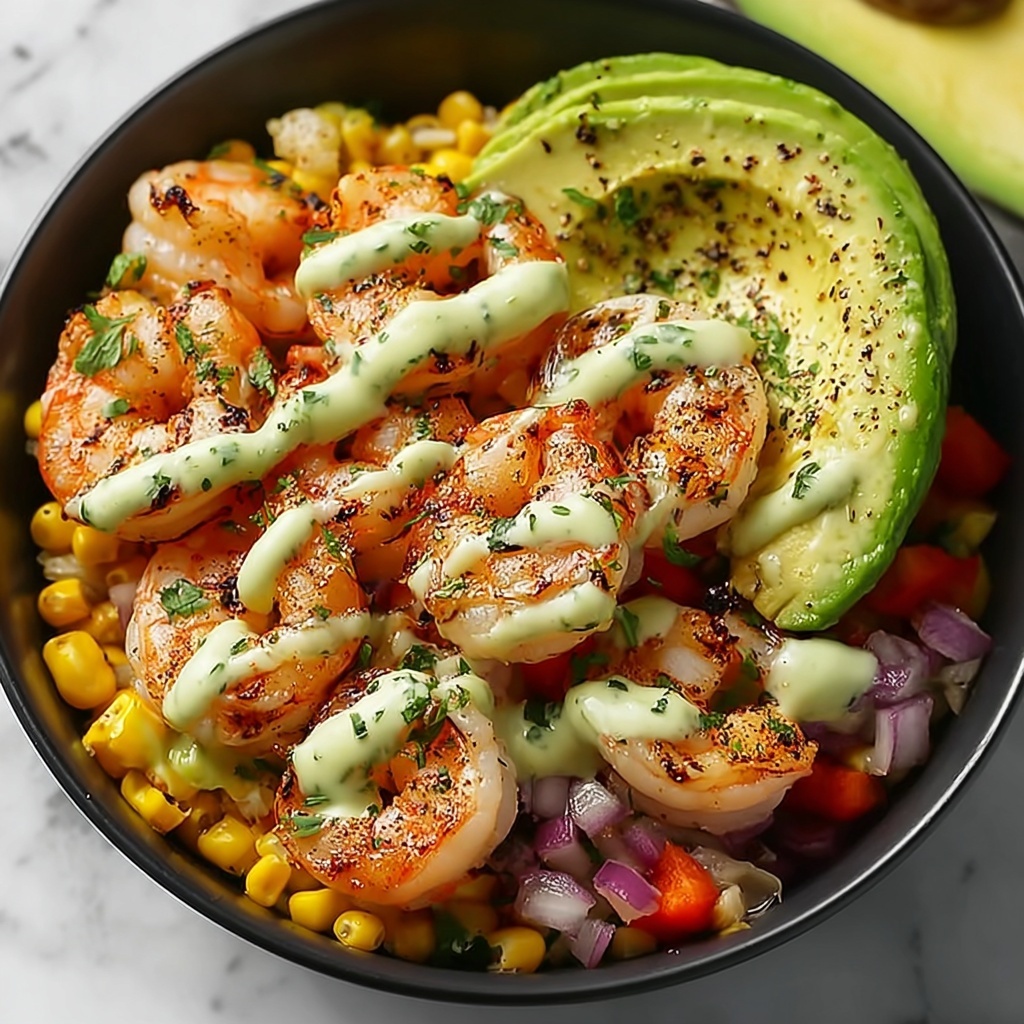 Grilled Shrimp Bowl with Avocado Corn Salsa and Creamy Sauce Recipe - Recipe Image