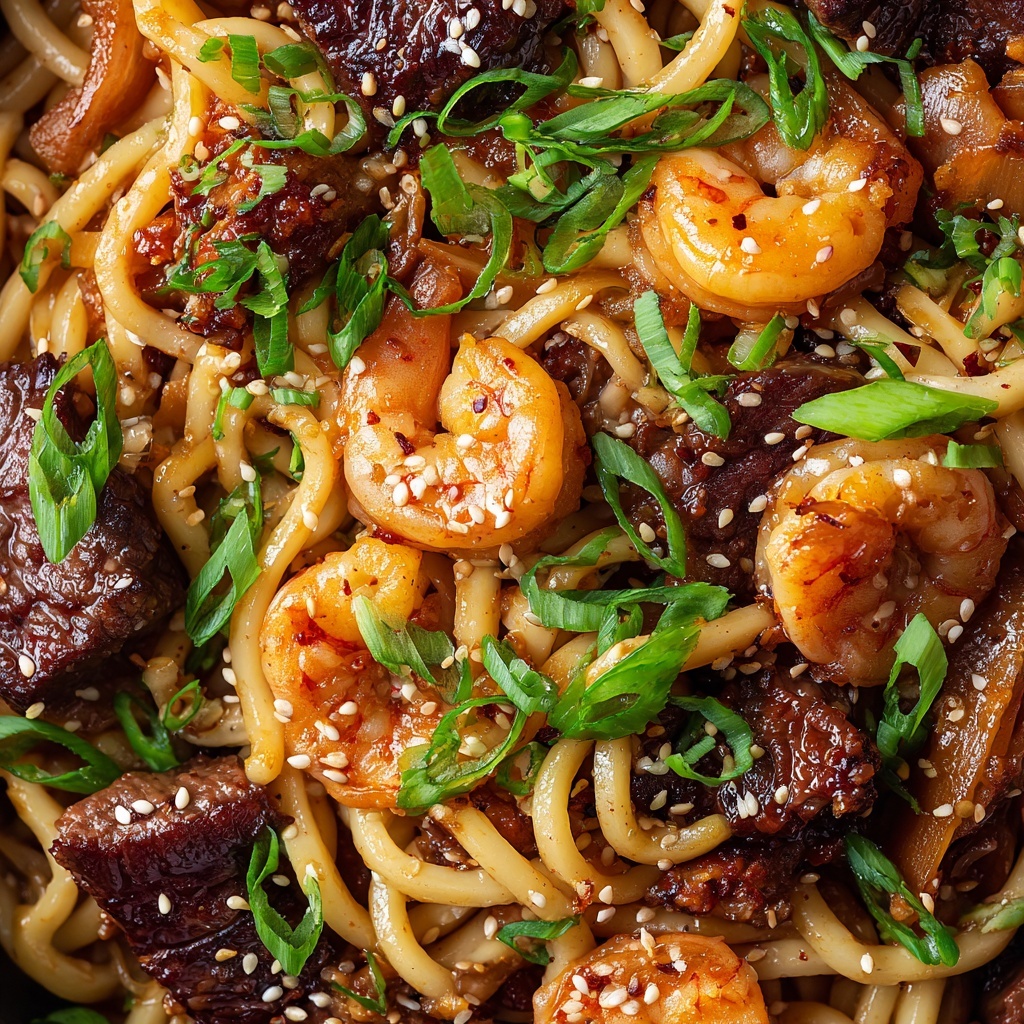 Garlic Butter Steak and Shrimp Stir-Fried Noodles Recipe - Recipe Image
