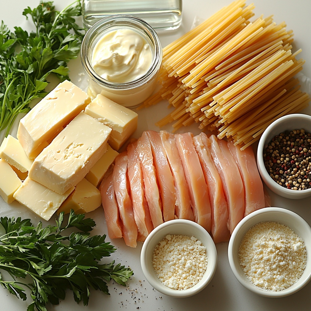 8 A clean white surface with all ingredients for garlic Parmesan chicken pasta neatly arranged in a visually balanced flat lay: raw boneless, skinless chicken breasts with a slight pink tone, a glass measuring cup filled with golden chicken broth, a small bowl of finely grated pale yellow Parmesan cheese, a block of smooth cream cheese with a knife beside it, uncooked penne and rotini pasta scattered artfully showing their ridged textures in pale beige, a small glass bowl of rich heavy cream, white ceramic spoons containing garlic powder, onion powder, salt, and black pepper showcasing fine powders in shades of off-white, light beige, and dark speckles, and a tiny bowl of freshly minced garlic with its moist, pale yellow cloves; soft natural lighting emphasizing the different textures and subtle color contrasts, arranged with fresh green herbs beside to add a pop of color, minimal shadows, clean and airy composition, overhead shot, top down view, flat lay photography, professional food styling --ar 1:1 --q 2 --s 750 --v 6.1
