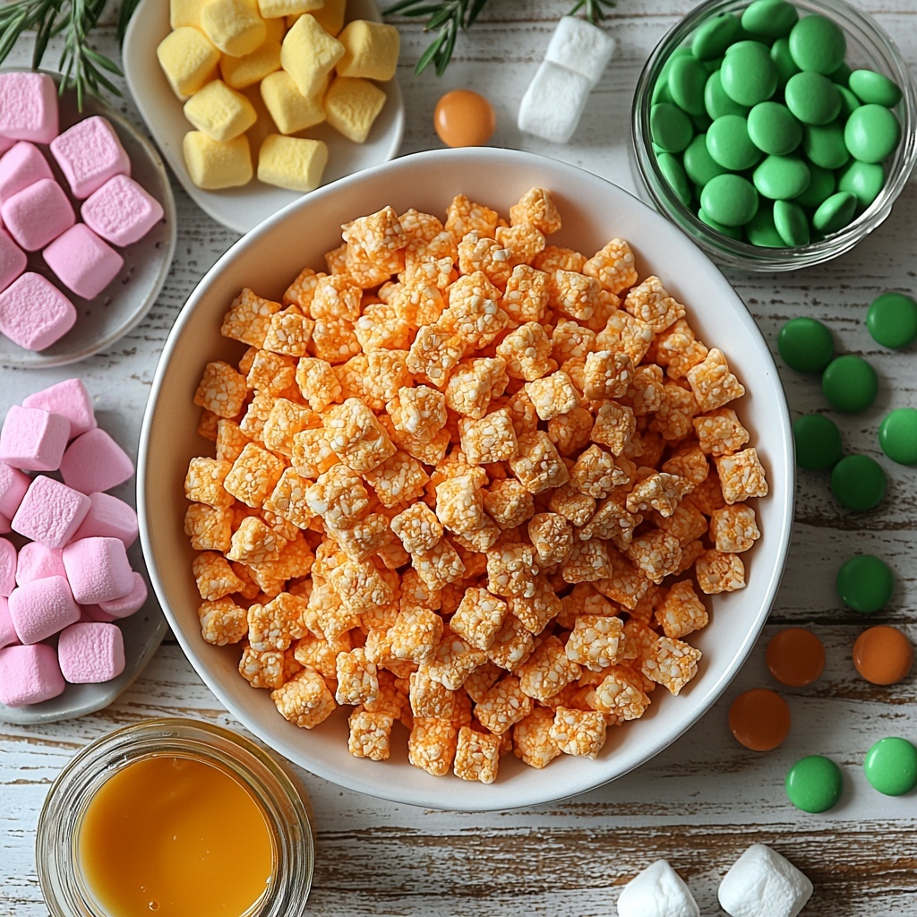 12 Rice Krispies cereal spilled loosely in a rustic white bowl, soft miniature marshmallows scattered around, a small vintage pot with melted golden unsalted butter glistening inside, vivid orange gel food coloring in a tiny glass jar with a smear of bright orange next to it, ten unwrapped glossy Tootsie Roll candies arranged neatly in a row, ten shiny green M&M candies forming a small cluster nearby, all ingredients placed thoughtfully on a clean white wooden surface with natural soft daylight casting gentle shadows, slight texture contrasts between crunchy cereal, fluffy marshmallows, smooth candy, and glossy butter, styled to evoke warmth and homemade charm, minimal props, neat and inviting composition, overhead shot, top down view, flat lay photography, professional food styling --ar 1:1 --q 2 --s 750 --v 6.1
