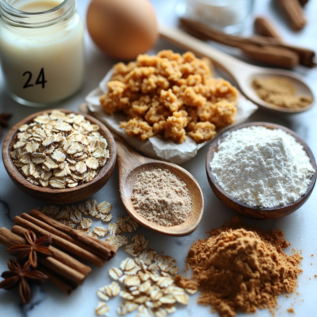 24 20 tablespoons unsalted browned butter cooled to softened cold, 1 1/2 cups all-purpose flour in a small mound, 1 tablespoon chai or pumpkin spice blend in a wooden spoon, 1 teaspoon baking soda and 1/2 teaspoon salt neatly sprinkled on white ceramic spoons, 3/4 cup light brown sugar and 3/4 cup granulated sugar in clear glass bowls showing their contrasting textures, one large egg yolk in a small clear bowl with a soft golden hue, 1 cup bright orange pumpkin puree in a rustic earthenware bowl, 2 teaspoons amber vanilla extract in a tiny glass jar, 2 1/4 cups old fashioned rolled oats scattered loosely with some spilling gently over parchment paper, 10 tablespoons browned butter cooled to solid room temperature with a creamy texture displayed on a white plate, 4 ounces cream cheese softly whipped and sitting on a small white dish, 2 1/2 cups sifted powdered sugar in a fine mound on a marble slab, 1 teaspoon vanilla extract in a delicate glass vial, 1/2 teaspoon ground cinnamon dusted artistically on kraft paper, 1/4 teaspoon maple extract in a tiny amber bottle, 1/4 teaspoon fine salt in a small ceramic bowl, 1 to 3 tablespoons milk in a vintage measuring spoon with a small drip showing liquid sheen, all ingredients arranged neatly and spaced out on a pristine white surface with natural soft light casting gentle shadows, warm and inviting autumnal color palette, emphasis on varied textures of powders, creams, and grains, subtle props including wooden spoons, glass jars, and rustic bowls enhancing cozy seasonal vibe, overhead shot, top down view, flat lay photography, professional food styling --ar 1:1 --q 2 --s 750 --v 6.1