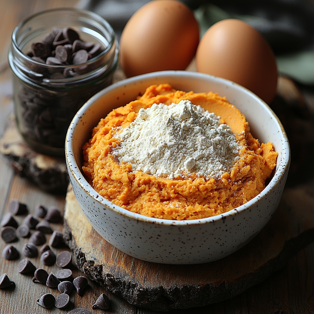 3 oat flour in a small white ceramic bowl with fine, powdery texture; vanilla flavored protein powder in a clear glass jar showcasing creamy off-white color; smooth, vibrant orange pumpkin puree in a rustic small wooden bowl; thick and creamy white Greek yogurt in a small white ramekin; two large brown eggs with smooth shells placed side by side; dark chocolate chips scattered loosely on a small white plate; all ingredients arranged neatly and spaced evenly on a clean, light natural wood surface with soft natural daylight highlighting textures and colors; minimal props, subtle shadows for depth, fresh and inviting atmosphere, neutral background to enhance ingredient colors overhead shot, top down view, flat lay photography, professional food styling --ar 1:1 --q 2 --s 750 --v 6.1