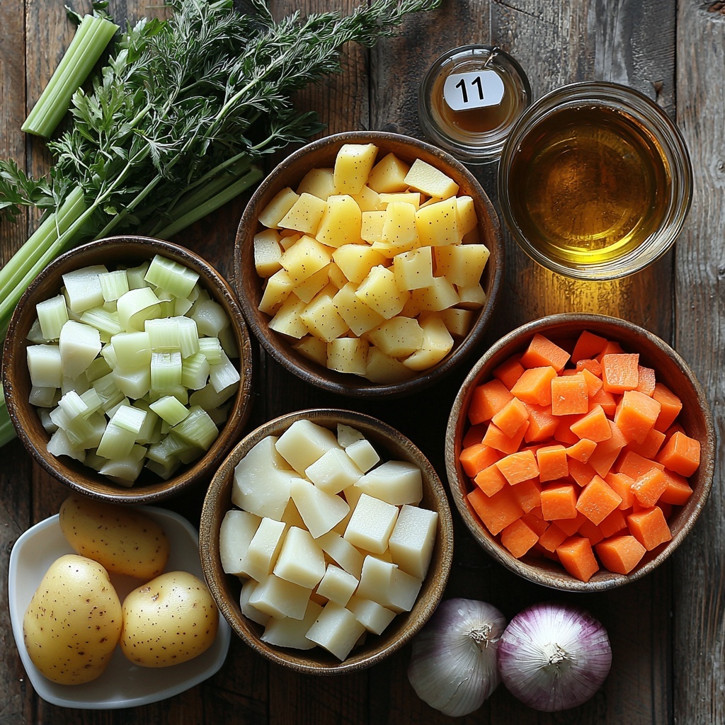 11 2 cans of creamy white cannellini beans in rustic bowls, medium diced yellow onion pieces scattered neatly, bright orange diced carrot cubes, fresh light green celery stalk segments, minced pale garlic cloves on a small white dish, chopped pale yellow potatoes arranged in a loose pile, a small glass bowl with rich golden olive oil, a spoonful of deep red tomato paste on a ceramic spoon, a clear glass containing translucent white wine, and a small bowl of golden vegetable broth; all ingredients are thoughtfully spaced on a clean, neutral light wooden surface with soft natural lighting casting gentle shadows, emphasizing the varied textures and vibrant colors of the fresh produce and pantry staples, minimalistic styling with a rustic touch, incorporating subtle sprigs of fresh rosemary for a hint of green, creating an inviting and organized composition that highlights the ingredients’ freshness and earthiness — overhead shot, top down view, flat lay photography, professional food styling --ar 1:1 --q 2 --s 750 --v 6.1