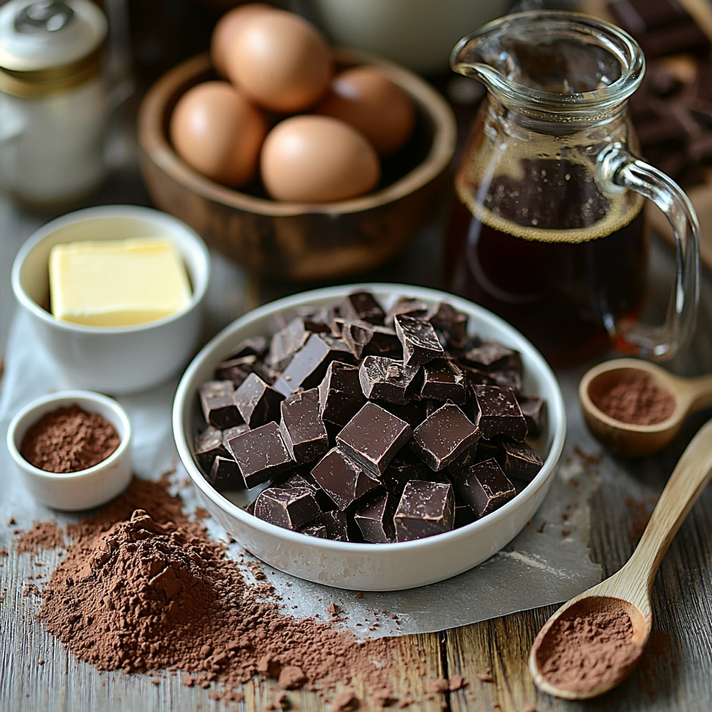 13 2 1/2 cups flour in a clear glass bowl with a fine dusting texture, 1 3/4 cups granulated sugar sparkling with tiny crystals in a white ceramic measuring cup, 2 tsp baking powder and 1 tsp baking soda in small white porcelain spoons, 1/2 tsp kosher salt in a rustic wooden bowl, 1/2 cup deep brown cocoa powder in an open small bowl showing velvety texture, 2/3 cup golden vegetable oil in a transparent glass jar reflecting light, 1 tsp vanilla extract in a small amber bottle, 3 fresh brown eggs with smooth shells arranged neatly, 2/3 cup creamy buttermilk in a white measuring cup with a slight sheen, 1 cup dark hot coffee steaming in a simple ceramic mug, 11.11 oz unsalted butter in a pale yellow slab on parchment paper with a butter knife, 14.1 oz dark chocolate chunks (60%-70%) glossy and irregular broken pieces scattered, 1/3 cup cocoa powder again in a smaller rustic bowl, 1 1/3 cups heavy cream in a clear jug with a silky surface, 1 1/3 cups powdered sugar in a sifter showing soft powder dust, 1/2 tsp kosher salt in a tiny wooden scoop, 1 tsp vanilla extract in a tiny glass cruet— all ingredients thoughtfully spaced and symmetrically arranged on a clean, matte white surface, natural soft daylight emphasizing rich earthy browns, creamy whites, and neutral tones, slight shadows for depth, minimalist styling with subtle props like wooden spoons and linen napkins, fine details and textures sharply in focus, clean and elegant aesthetic, overhead shot, top down view, flat lay photography, professional food styling --ar 1:1 --q 2 --s 750 --v 6.1