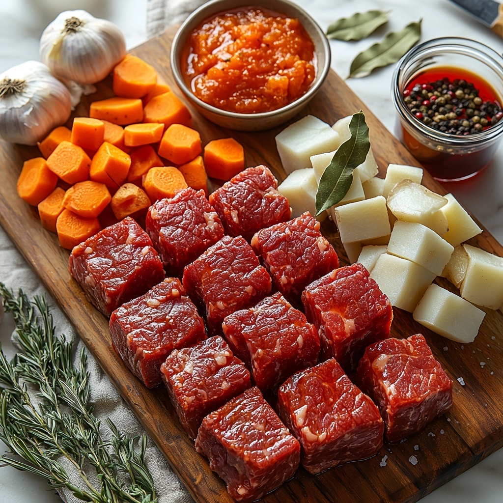 18 Beef stew meat chunks raw with rich red and marbled texture, bright orange sliced carrots, creamy off-white cubed potatoes, a whole peeled onion chopped into pieces with papery skin nearby, two cloves of garlic minced and whole, small bowl of deep red tomato paste, dried thyme sprigs and a single bay leaf arranged neatly, a small glass measuring cup filled with dark ruby red wine, a rustic bowl of rich brown beef broth, coarse salt and black peppercorns scattered lightly on a clean white surface. Natural daylight highlighting the vibrant colors and varied textures, rustic wooden spoon and small vintage knife placed casually nearby for styling, subtle shadows adding depth and warmth. Overhead shot, top down view, flat lay photography, professional food styling --ar 1:1 --q 2 --s 750 --v 6.1