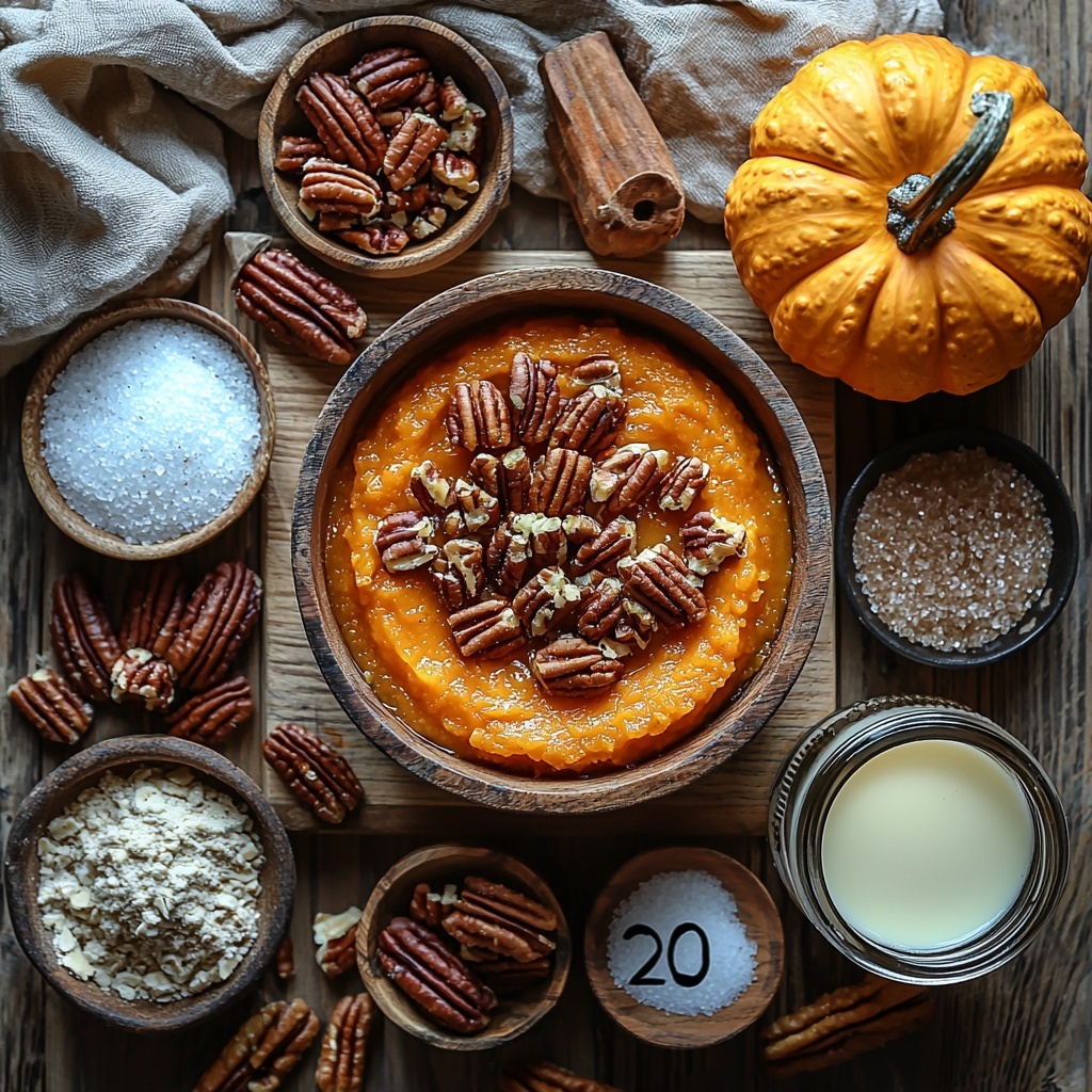20 /Imagine a flat lay of all the main ingredients for a pumpkin pecan cobbler neatly arranged on a clean, light wooden surface. Centered are rustic bowls containing warm orange pumpkin puree with a smooth texture, and a small glass bowl of golden melted butter glistening softly. Nearby, a small bowl holds glossy brown chopped pecans with rough textures contrasting crunchy edges. Surrounding these are neatly mounded piles of dry ingredients: a heap of fine white all-purpose flour, a sparkling mound of granulated sugar, and rich, moist-looking brown sugar set side by side. Scattered artfully nearby are small piles of cinnamon, nutmeg, and cloves in their warm earthy tones—deep reddish browns and soft tans. A separate small dish contains fine white baking powder and a pinch of salt crystals, adding subtle texture contrast. A delicate glass jar of vanilla extract with a dark amber liquid shines subtly under soft natural lighting. A small, clear glass measuring cup holds creamy, off-white milk, completing the collection. The ingredients are spaced to showcase their vibrant colors—warm oranges, rich browns, soft whites—and varied textures, styled minimalistically with a touch of autumnal coziness, styled with a light linen cloth partially folded in one corner, soft shadows enhancing depth and a clean, inviting feel. overhead shot, top down view, flat lay photography, professional food styling --ar 1:1 --q 2 --s 750 --v 6.1