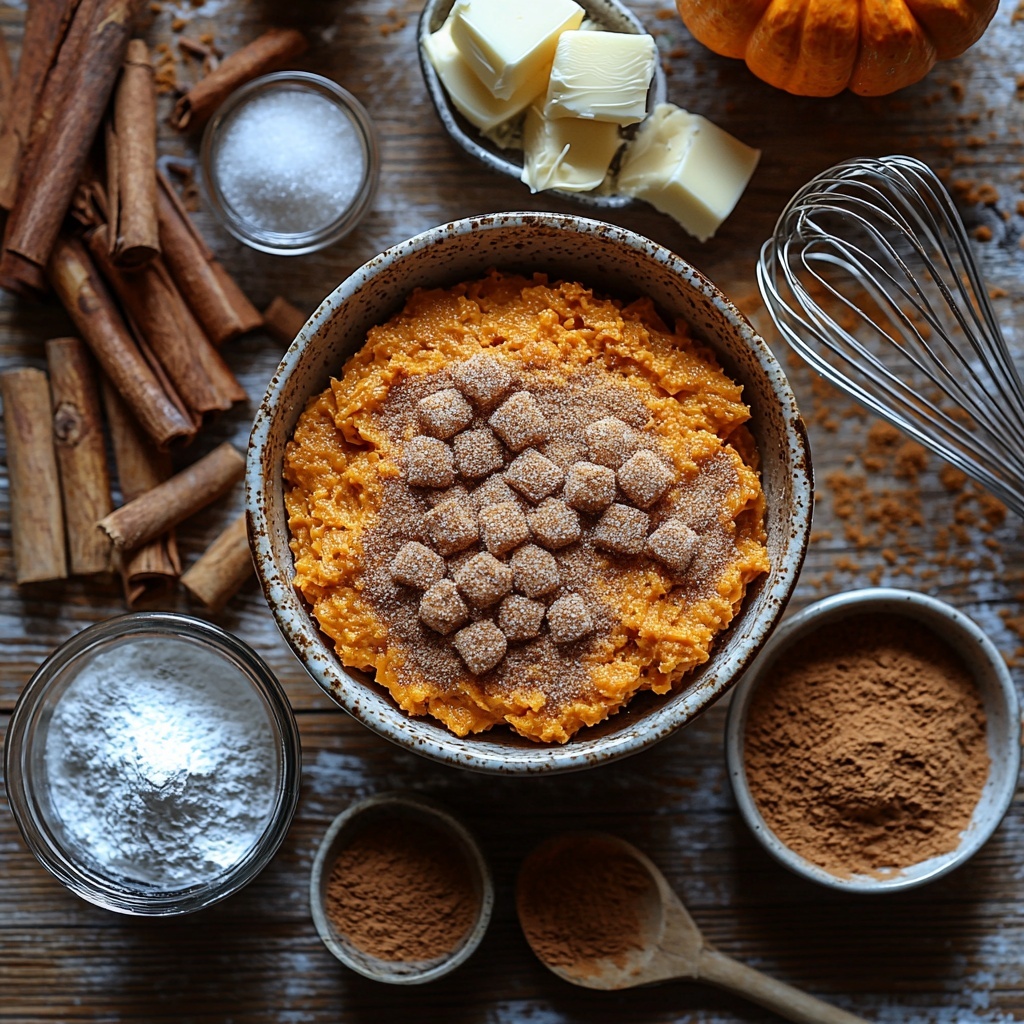 1 A clean, bright wooden surface with all ingredients for pumpkin cinnamon sugar donuts arranged neatly in a balanced flat lay composition. Small glass bowls containing light brown sugar with a moist, crumbly texture, and a pale orange pumpkin pie puree with smooth, creamy consistency. A heap of white all-purpose flour with soft, powdery texture in a ceramic bowl. Measuring spoons holding warm brown pumpkin spice powder, fine white baking powder, and fine white salt. A small pat of golden melted unsalted butter glistening in a tiny dish beside a small glass pitcher of creamy milk. A shallow white bowl with pure granulated white sugar and a small ceramic dish with reddish-brown cinnamon powder next to each other to represent the topping. Wooden spoons and a metal whisk gently resting nearby to evoke preparation. Soft natural light highlighting the warm autumnal tones of the ingredients, with subtle shadows adding depth. Clean, minimal styling emphasizing the rustic and cozy feel of baking. Overhead shot, top down view, flat lay photography, professional food styling --ar 1:1 --q 2 --s 750 --v 6.1