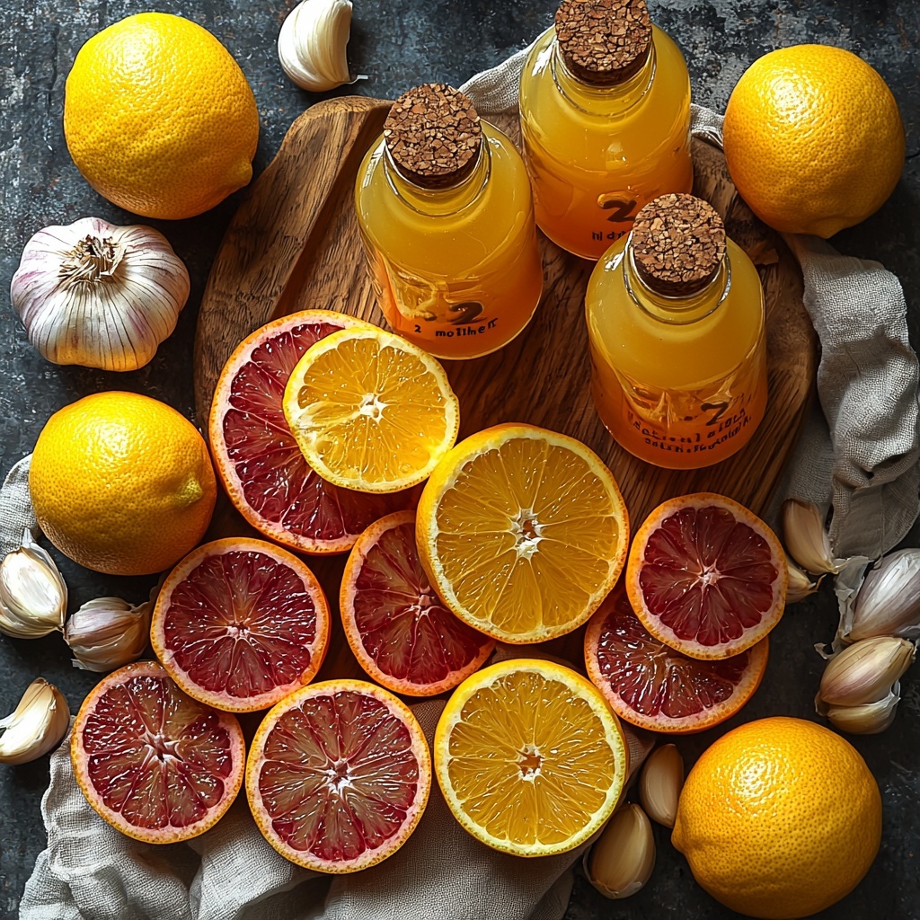 2 2 quartered bright orange oranges with textured peels, 2 quartered vibrant yellow lemons with glossy skin, 7 oz peeled and thinly sliced pale beige ginger root showing fibrous texture, 7 oz peeled and sliced creamy white horseradish root with rough edges, 2 heads of garlic with crushed cloves and papery skins scattered nearby, 2 rustic glass bottles of apple cider vinegar with visible “mother” culture inside, small drizzle pool of golden raw honey with sticky, glossy surface. All ingredients meticulously arranged on a clean, matte white surface with natural light highlighting the vivid citrus colors and earthy roots, gentle shadows adding depth. Minimal props, rustic wooden cutting board and natural linen napkin partially framing the scene for warmth, emphasizing fresh, raw wholesome textures and colors. overhead shot, top down view, flat lay photography, professional food styling --ar 1:1 --q 2 --s 750 --v 6.1