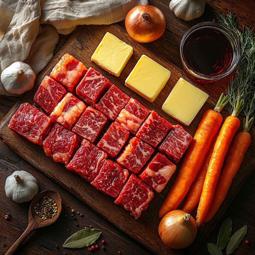 5 5 strips of crispy bacon with a rich reddish-brown color, raw deep red beef chuck chunks marbled with white fat, golden yellow unsalted butter cubes, a whole peeled yellow onion with smooth pale golden skin, three large bright orange carrots with a slightly rough texture, five peeled garlic cloves in creamy white, a clear glass measuring cup filled with dark ruby Burgundy wine, a bowl of rich brown beef stock, fresh green thyme sprigs and glossy bay leaves scattered around; all ingredients are neatly arranged on a clean, light wooden surface with soft natural lighting highlighting the vibrant colors and varied textures, subtle shadows for depth, styled with rustic kitchen props like a wooden spoon and a small linen cloth casually placed nearby, creating an inviting and warm atmosphere. overhead shot, top down view, flat lay photography, professional food styling --ar 1:1 --q 2 --s 750 --v 6.1