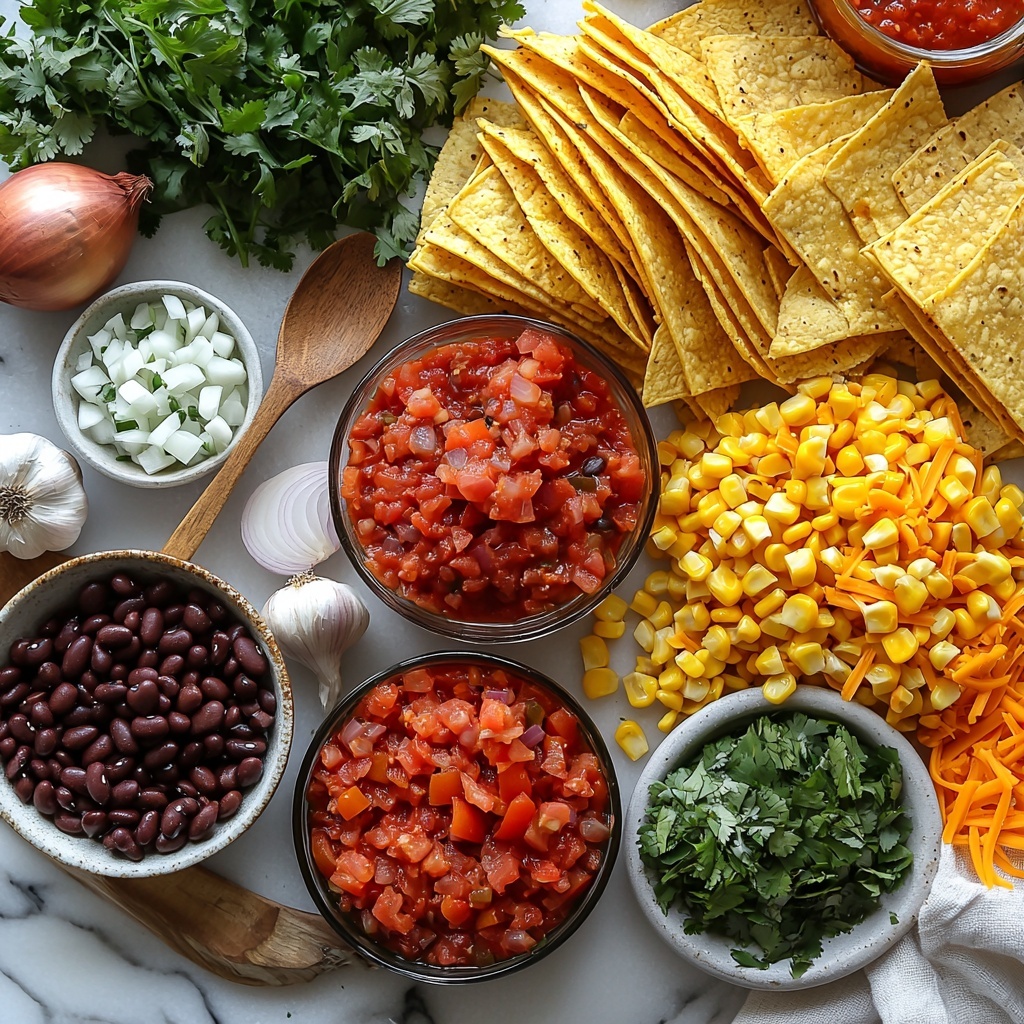 7 A vibrant flat lay of main ingredients for a slow cooker taco casserole arranged neatly on a clean white surface: raw ground beef in a small rustic bowl showing deep red color and coarse texture; a small glass bowl of diced white onion with a slight translucence; two peeled garlic cloves next to a tiny wooden spoon holding bright orange taco seasoning powder; a can of diced tomatoes with green chilies poured into a white ceramic bowl, rich reds and greens contrasting; drained black beans glistening dark purple-black, in a matte black bowl; golden yellow drained corn kernels in a small clear glass bowl catching light; a small bowl of chunky red salsa with visible herbs; a neat pile of shredded Mexican cheese blend in creamy yellow and orange hues on a white plate; and six small corn tortillas cut into strips and stacked loosely, showcasing their pale beige rustic texture. The ingredients are spaced evenly with natural light casting soft shadows, evoking freshness and warmth. Styling includes minimal props—a wooden cutting board partially visible, linen napkin with subtle texture, and occasional sprigs of fresh cilantro for color contrast. Overhead shot, top down view, flat lay photography, professional food styling --ar 1:1 --q 2 --s 750 --v 6.1