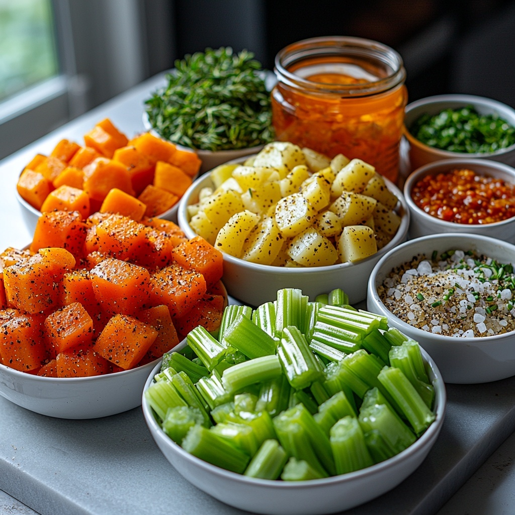9 A clean, bright surface neatly arranged with fresh chopped vegetables and cooking ingredients for a vegetable soup: vibrant orange carrot chunks, pale green celery stalks sliced, finely chopped translucent yellow onion, several peeled and minced garlic cloves, peeled and chopped golden Yukon gold potatoes, crisp green beans chopped into bite-sized pieces, a small pile of dried Italian seasoning herbs, a small bowl of coarse sea salt and freshly ground black pepper, a small dish of rich golden olive oil, a rustic can of diced tomatoes with liquid visible, and a clear glass measuring cup filled with vegetable broth. The ingredients are spaced evenly in small, simple white bowls and loose piles, showcasing a variety of vivid colors and natural textures against a clean white backdrop. Soft natural light casts gentle shadows, enhancing freshness and detail. Minimal props, sharp focus, deep depth of field. Overhead shot, top down view, flat lay photography, professional food styling --ar 1:1 --q 2 --s 750 --v 6.1