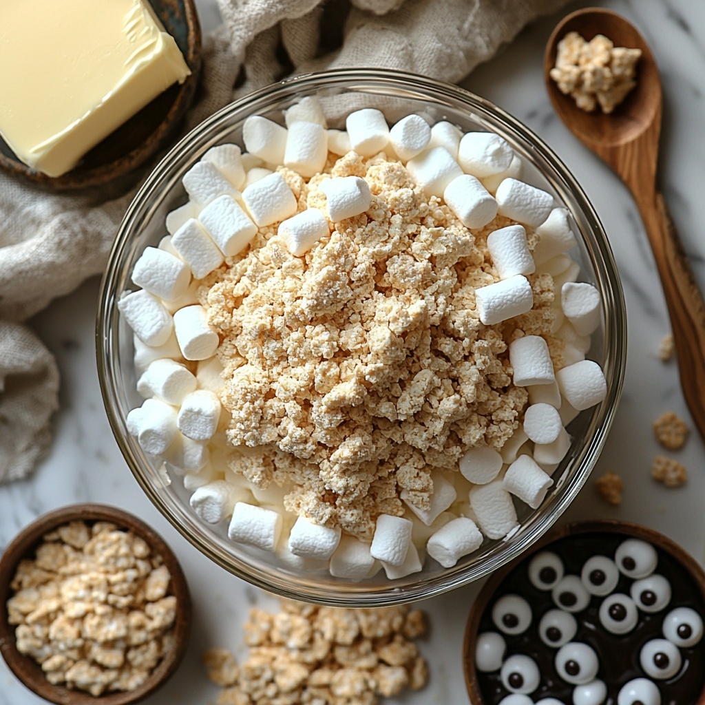 14 butter in a small vintage glass bowl with a soft yellow hue, a large clear bowl overflowing with white mini marshmallows showcasing their pillowy texture, a rustic measuring cup filled with golden, crunchy Rice Krispies cereal, a smooth and glossy mound of melted white chocolate in a ceramic bowl reflecting soft light, and a small dish scattered with shiny candy eyeballs in white and black contrast arranged artfully on a clean white marble surface; the ingredients are spaced evenly with natural shadows adding depth, light and airy styling emphasizing the different textures—from the powdery marshmallows to the crisp cereal and silky chocolate—accented with subtle props like a wooden spoon and a light linen napkin to enhance warmth and homely feel overhead shot, top down view, flat lay photography, professional food styling --ar 1:1 --q 2 --s 750 --v 6.1