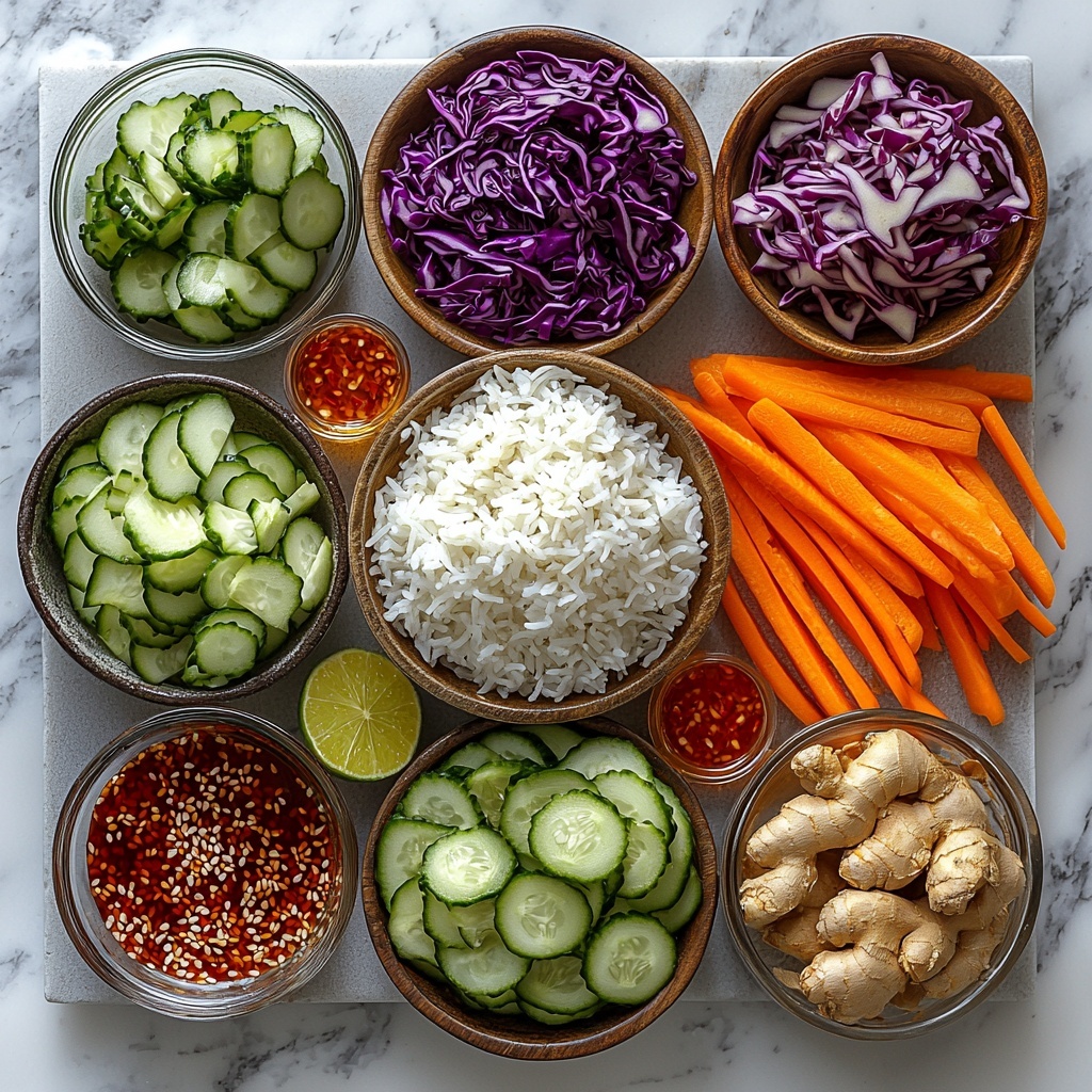 19 jasmine rice in a small rustic bowl with fluffy white grains, a glass bowl of smooth golden sesame oil, a dollop of creamy peanut butter on a wooden spoon, shredded pale green and purple cabbage loosely piled, thinly sliced bright green cucumber rounds arranged neatly, one whole vibrant red bell pepper with glossy skin, a peeled and sliced medium orange carrot fanned out, small glass bowls with dark soy sauce and light amber rice vinegar, a lime sliced in half showing juicy green flesh, a small jar of fiery red chili crisp with chili flakes visible, a small mound of raw grated ginger with fibrous texture on parchment, a drizzle of golden honey on a spoon, a scattering of toasted sesame seeds with beige and brown speckles, all ingredients styled on a clean white marble surface with natural soft daylight casting gentle shadows, minimal wooden and ceramic props adding warmth, arranged harmoniously with balanced color contrast and varied textures, emphasizing freshness and vibrancy, overhead shot, top down view, flat lay photography, professional food styling --ar 1:1 --q 2 --s 750 --v 6.1