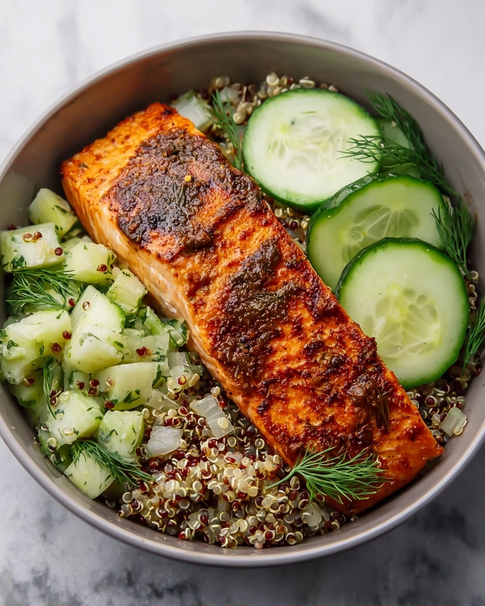 Spiced Salmon Bowl with Quinoa and Cucumber-Dill Salad Recipe - Recipe Image