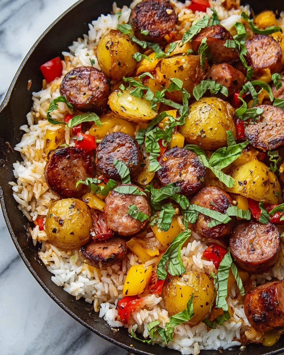 Summer Sausage Skillet with Andouille and Fresh Herb Crema Recipe - Recipe Image