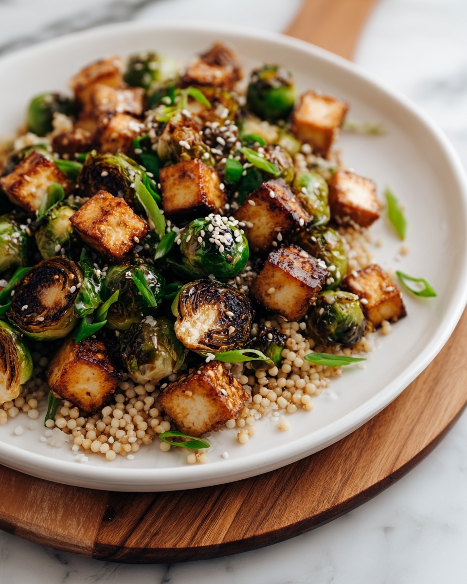 Roasted Brussels Sprouts and Crispy Tofu with Honey-Sesame Glaze Recipe - Recipe Image