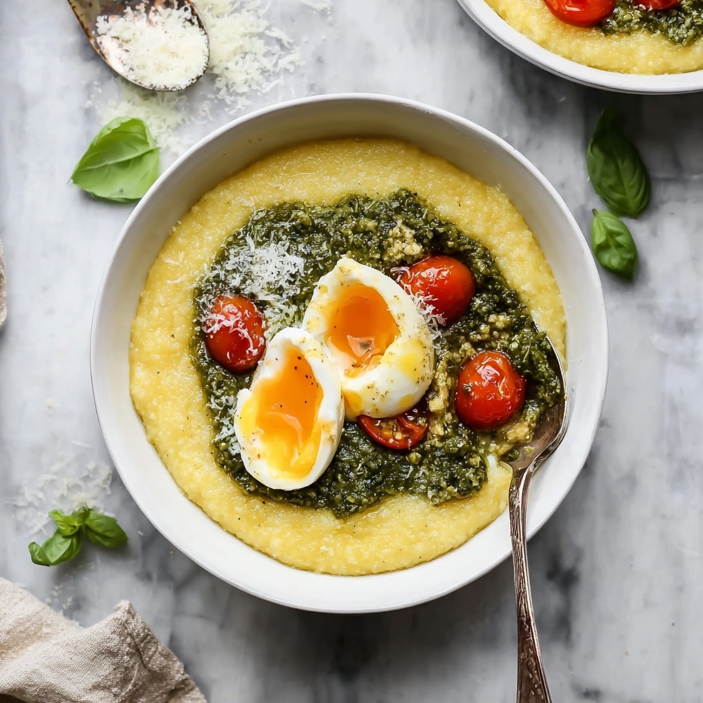 Creamy Breakfast Polenta with Pesto & Eggs Recipe - Recipe Image