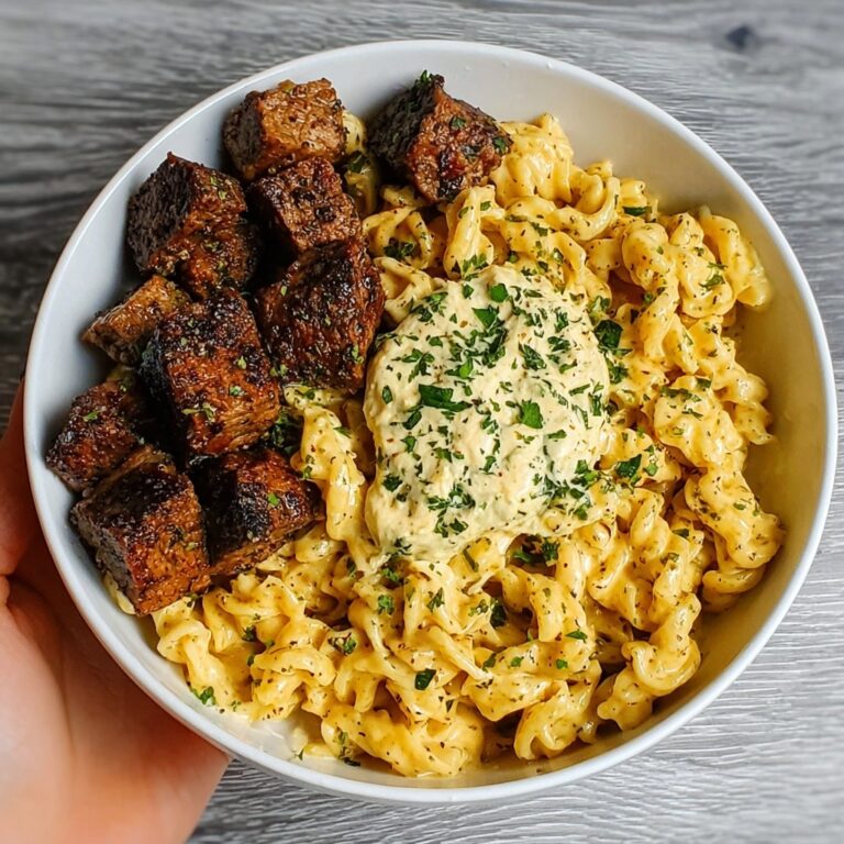 Cajun Steak Tips with Penne in Creamy Parmesan Cheese Sauce Recipe