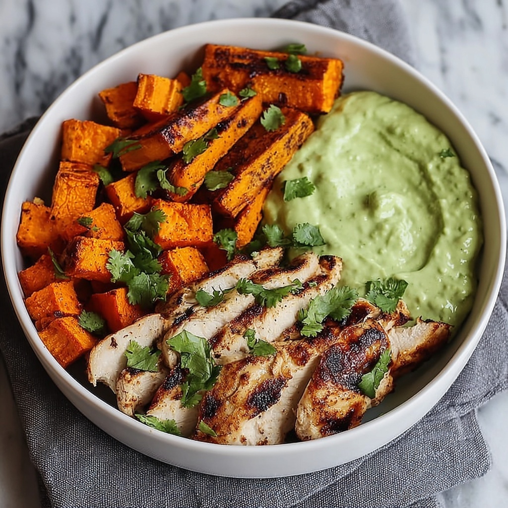 Grilled Chicken Power Bowl with Spiced Sweet Potatoes and Creamy Avocado Salsa Recipe - Recipe Image