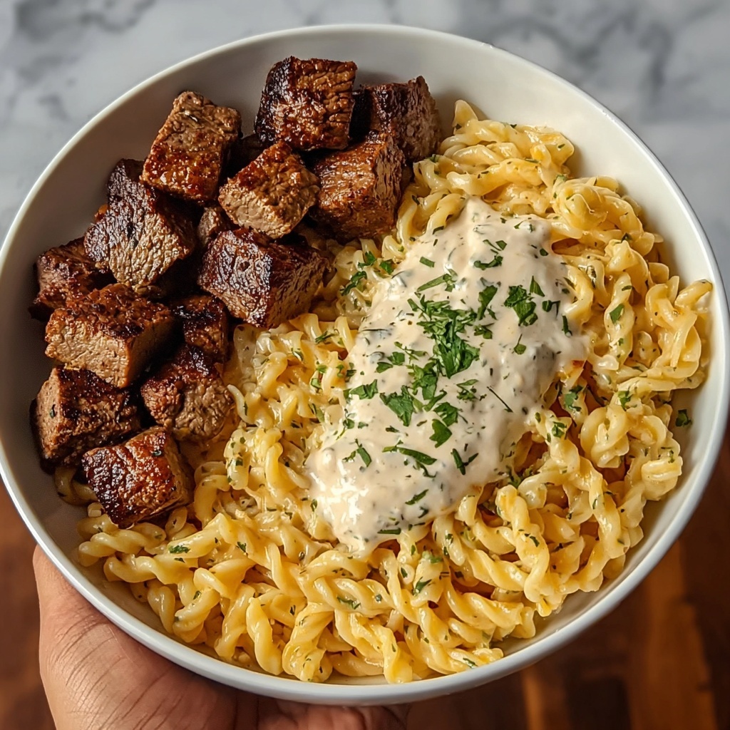Cajun Steak Tips with Penne in Creamy Parmesan Cheese Sauce Recipe - Recipe Image