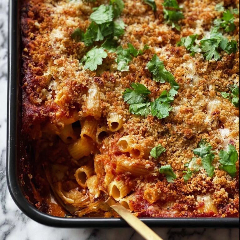 Cheesy Mostaccioli Casserole with Italian Sausage and Panko Breadcrumb Topping Recipe