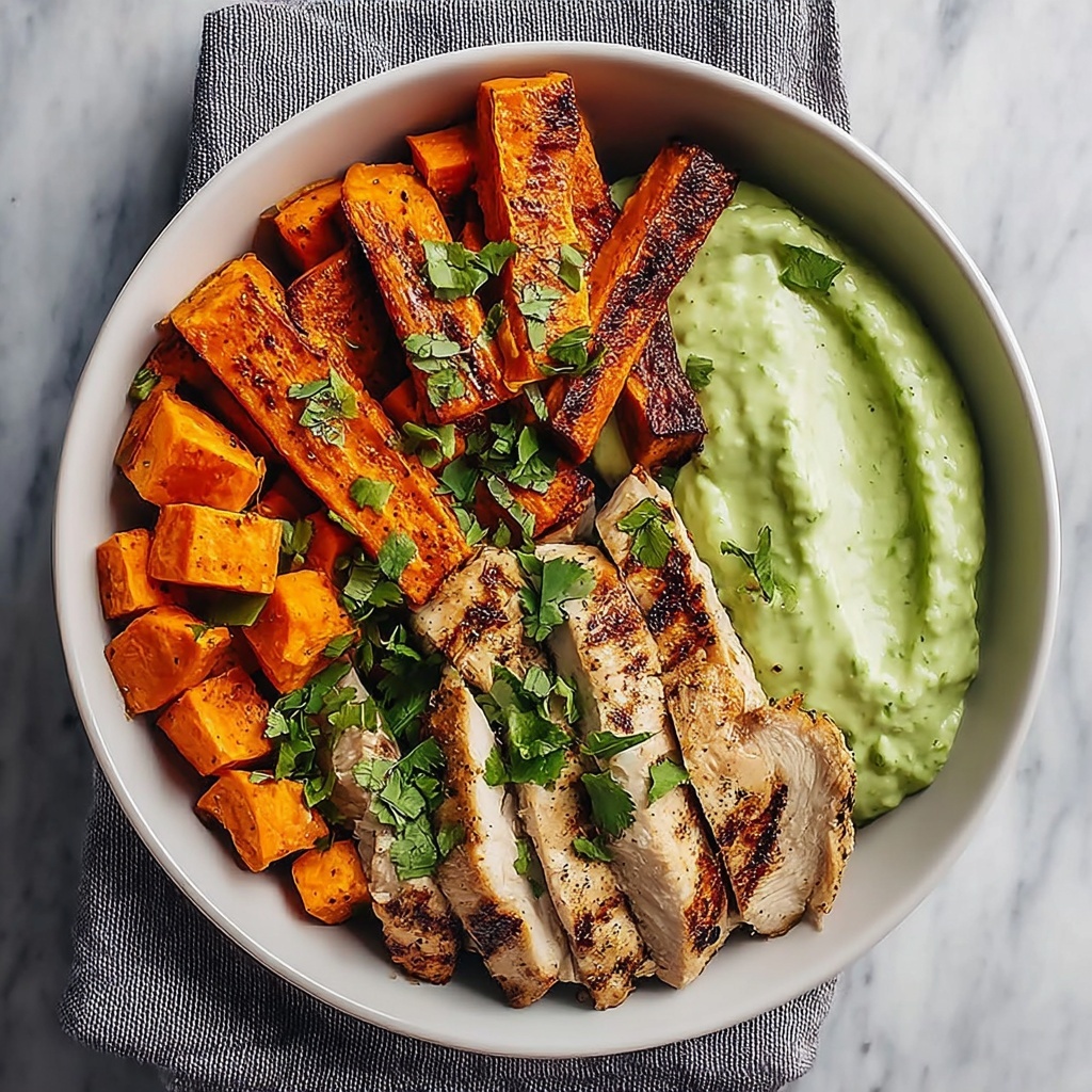 Grilled Chicken Power Bowl with Spiced Sweet Potatoes and Creamy Avocado Salsa Recipe - Recipe Image